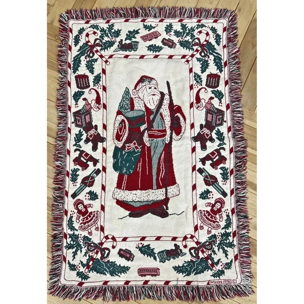 Vintage 1990 MWW Christmas Santa Woven Tapestry Throw Blanket Afghan 48x30